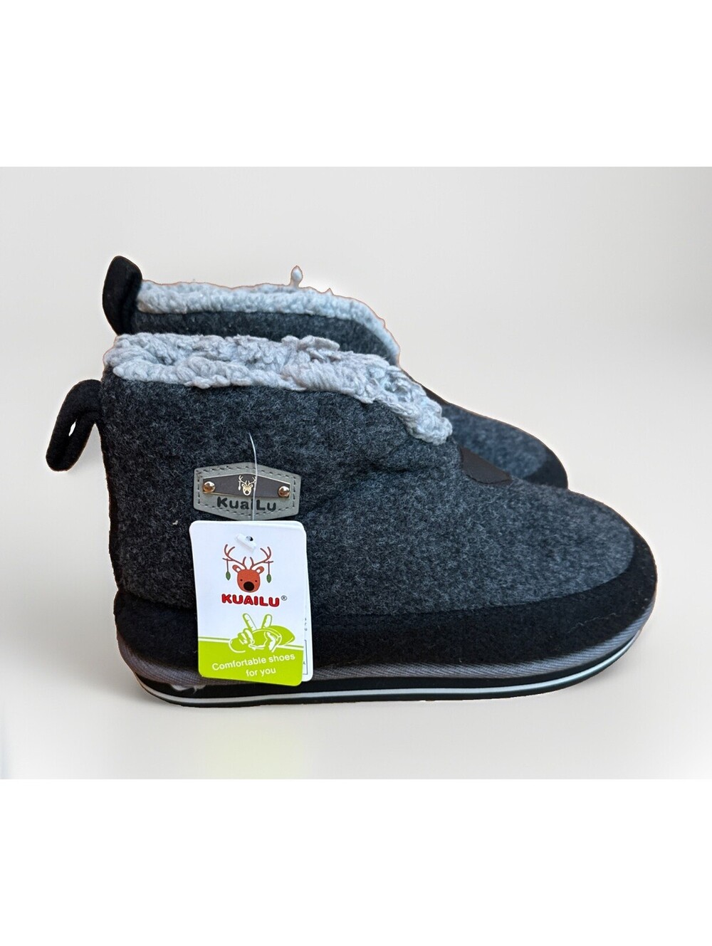 NWT KuaiLu Men's House Boots Shoes Slippers Black Gray Plush Lined Size 8